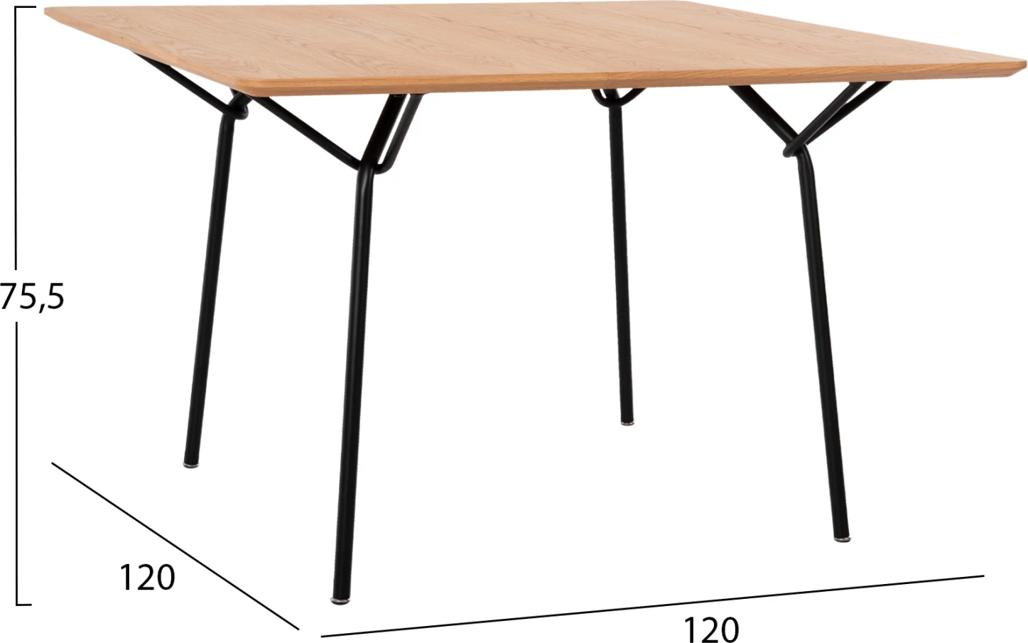 Tavolinë ngrënie katrore, TRENK FH9614.01, MDF me furnir lisi, këmbë metalike të zeza, 120x120x75H cm