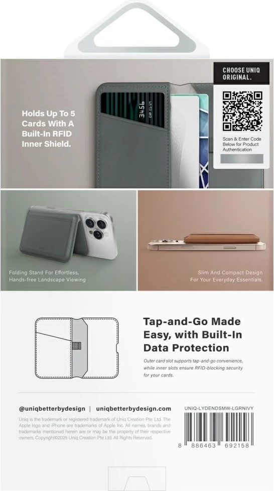 Mbështjellës magnetik me portofol UNIQ Lyden DS, për iPhone me MagSafe, Jeshil