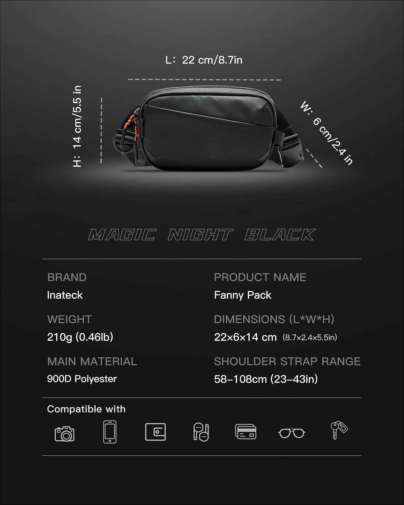 Çantë beli Inateck FB01002, 900D poliester, RFID, e zezë