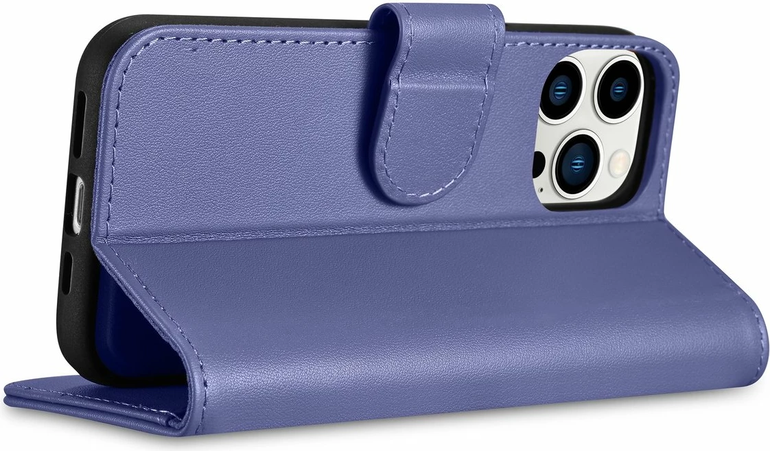 Mbështjellës iCarer Wallet Case 2in1 për iPhone 14 Pro, lëkurë natyrale, Anti-RFID, Vjollcë e çelur