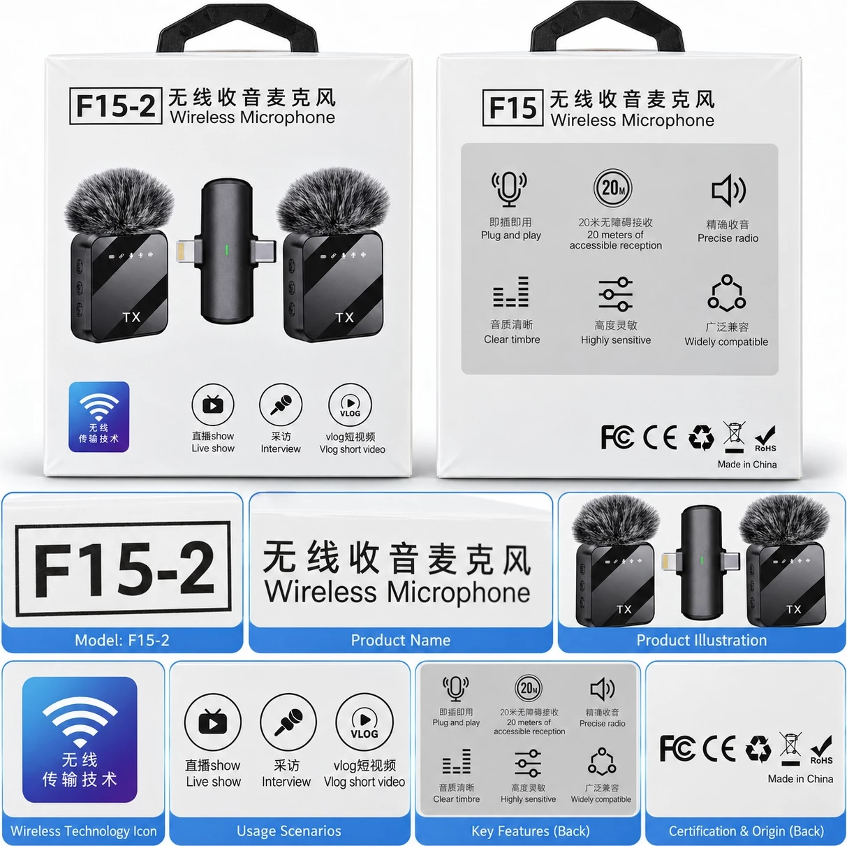 Set Mikrofonësh Wireless F15-2 me 2 Transmetues, USB-C dhe Lightning