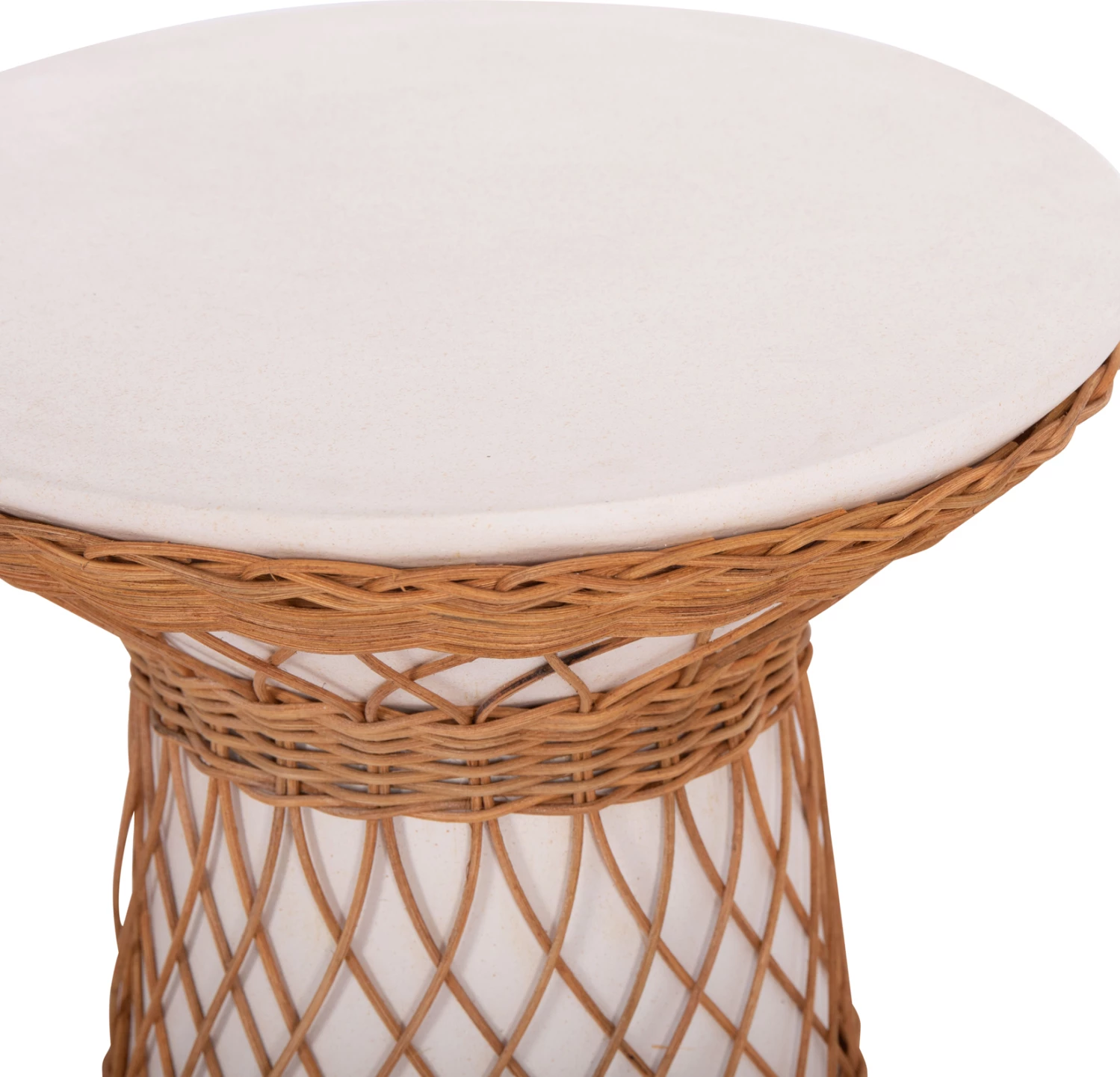 Tavolinë anësore e rrumbullakët Delia, çimento fiber e bardhë & ratan, FH18167.02, 40x45cm