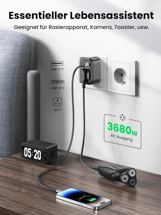 prizë muri USB 4-në-1 UGREEN Nexode 90613 30W PD/QC 2x USB-A + 1x USB-C + prizë Schuko, gri e errët