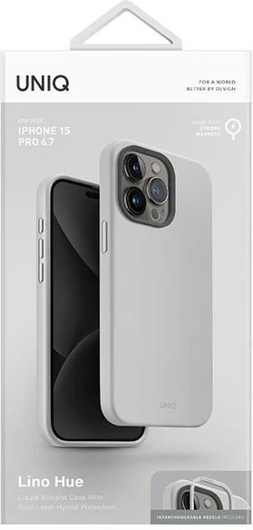 Mbështjellës UNIQ Lino Hue Magclick për iPhone 15 Pro Max, silikon, MagSafe, gri e çelët