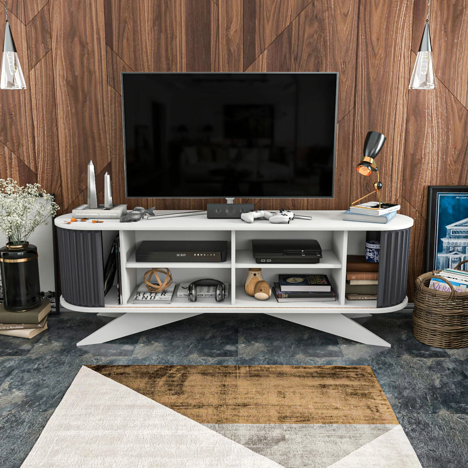 Komodë TV Hanah Home, anthracite dhe e bardhë, Stor