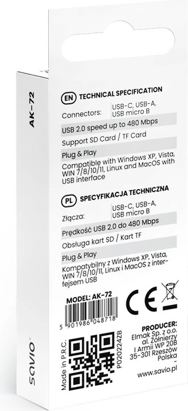 Lexues kartelash SD 3-në-1 Savio AK-72, USB-C, USB-A 2.0, Micro USB, Gri