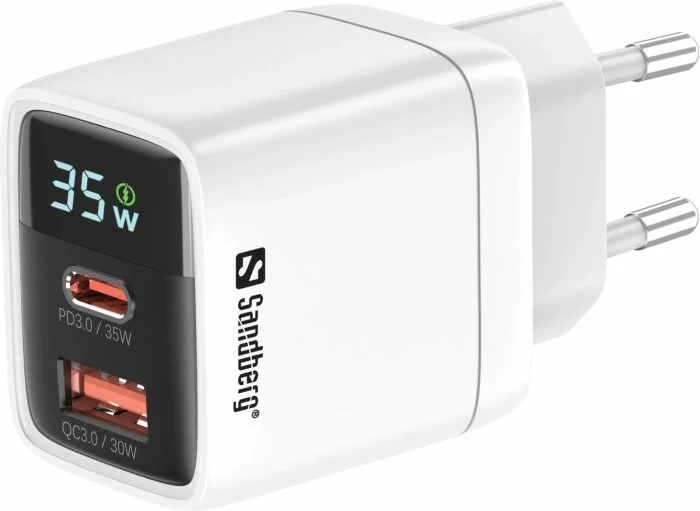 Karikues SANDBERG 2n1 441-52, 35W PD/QC3.0, 1xUSB-C + 1xUSB-A, GaN III, me ekran, i bardhë