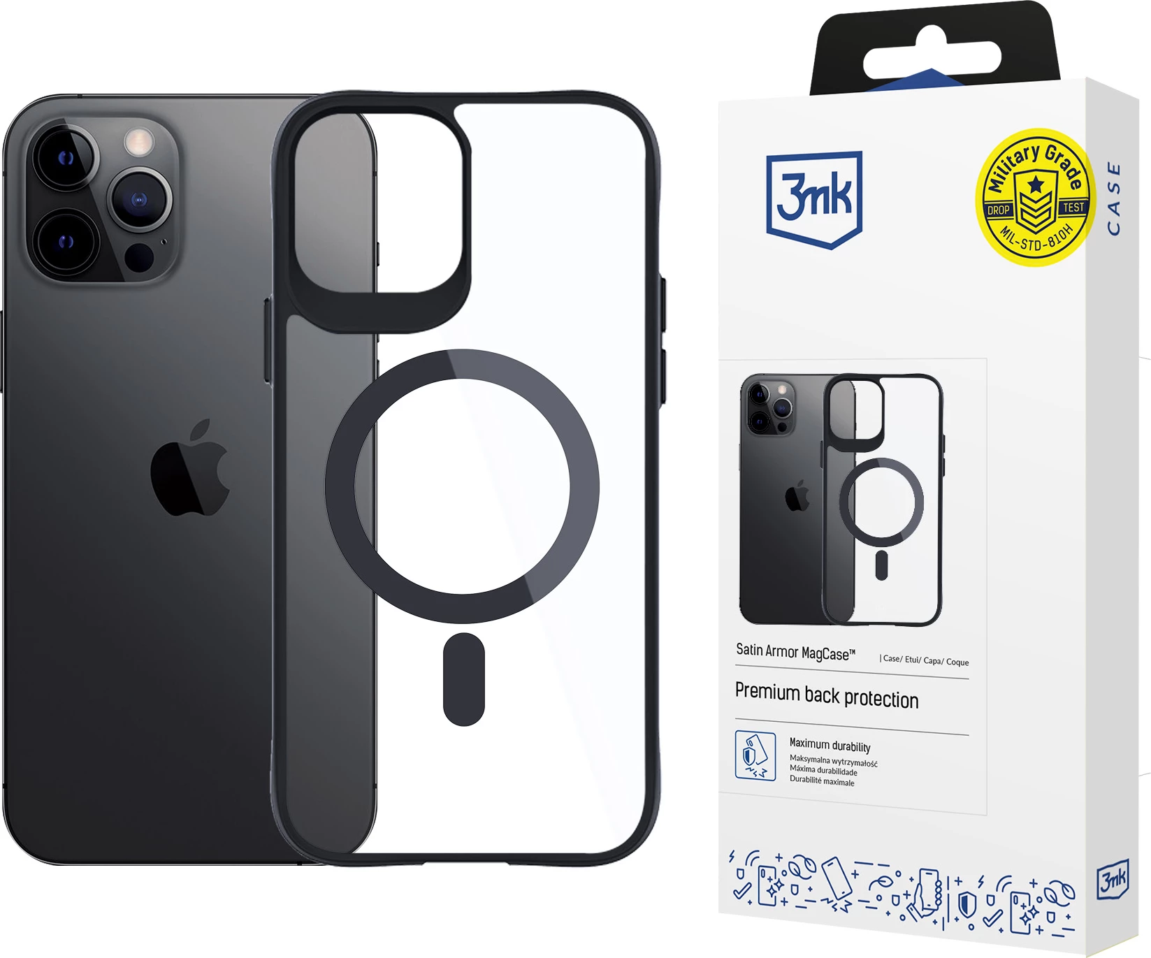 Mbështjellës 3mk Satin Armor MagCase me MagSafe për iPhone 12 Pro Max, Transparent me kornizë të zezë