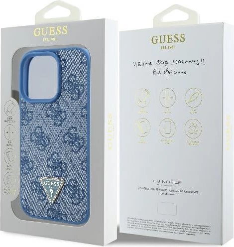 Mbështjellës Guess Leather 4G Triangle Strass për iPhone 16 Pro Max, MagSafe, Kaltër
