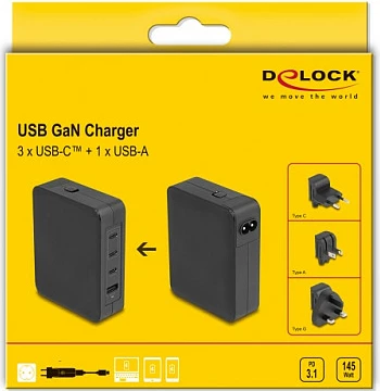 Karikues GaN DeLOCK 145W, 3x USB-C PD 3.1 + 1x USB-A, i zi