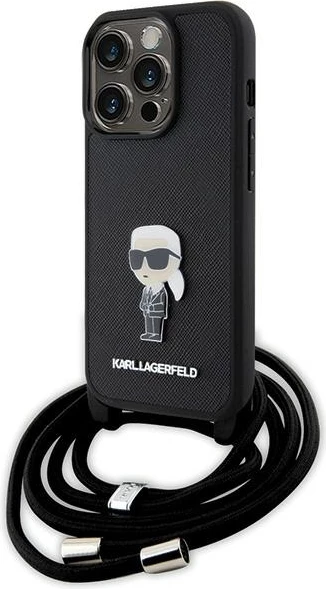 Mbështjellës Karl Lagerfeld Crossbody Saffiano Monogram Metal Pin Karl & Choupette për iPhone 15 Pro, e zezë