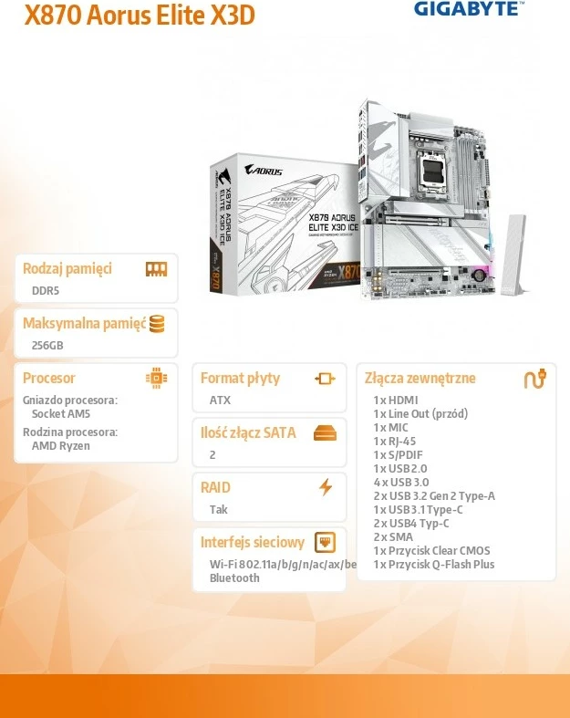 Pllakë amë, Gigabyte AORUS X870 AORUS ELITE X3D ICE, Socket AM5, 4x DDR5, PCIe 5.0 x16, 4x M.2, HDMI, USB4, Wi‑Fi 7, ATX, e bardhë