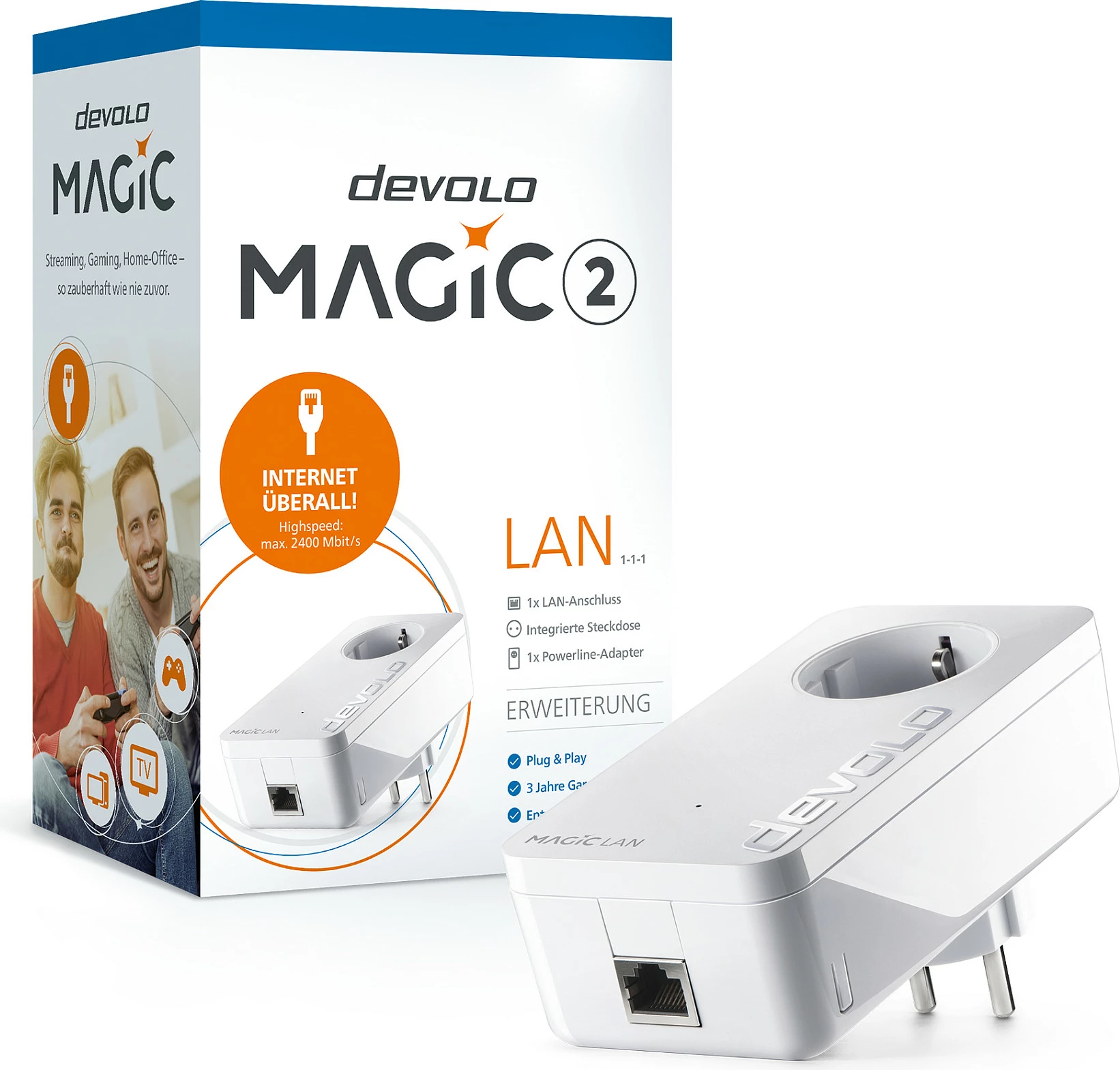 Powerline adapter Devolo Magic 2 LAN, 2400 Mbit/s, 1x Gigabit LAN, me prizë të integrume, i bardhë