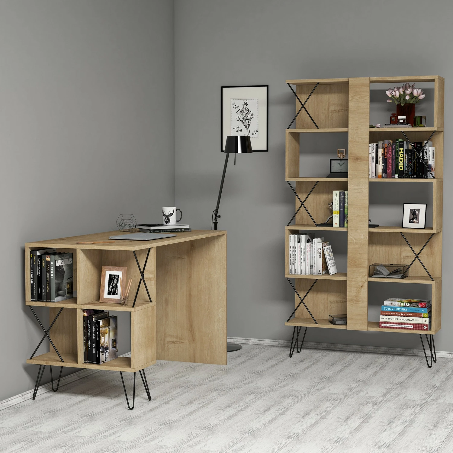 Tavolinë pune me raft librash Hanah Home, ekstra, ngjyrë lisi dhe e zezë