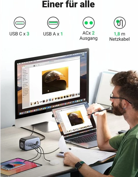Karikues dhe shpërndarës rryme UGREEN DigiNest Pro 60167 100W GaN 6-në-1 (3x USB-C, 1x USB-A, 2x prizë, kabllo 1.8m) zi/gri