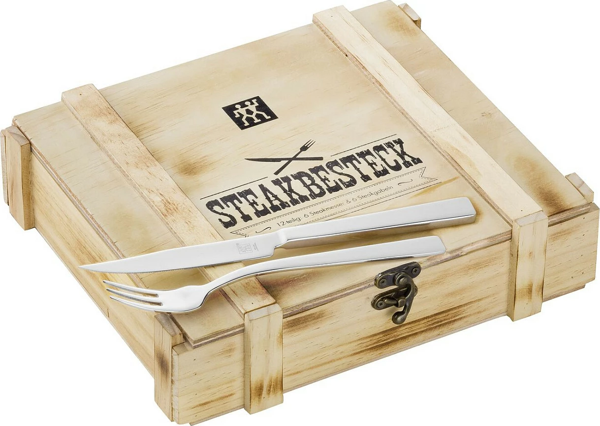 Set biftekësh Zwilling 12 copë, çelik inox, kuti druri