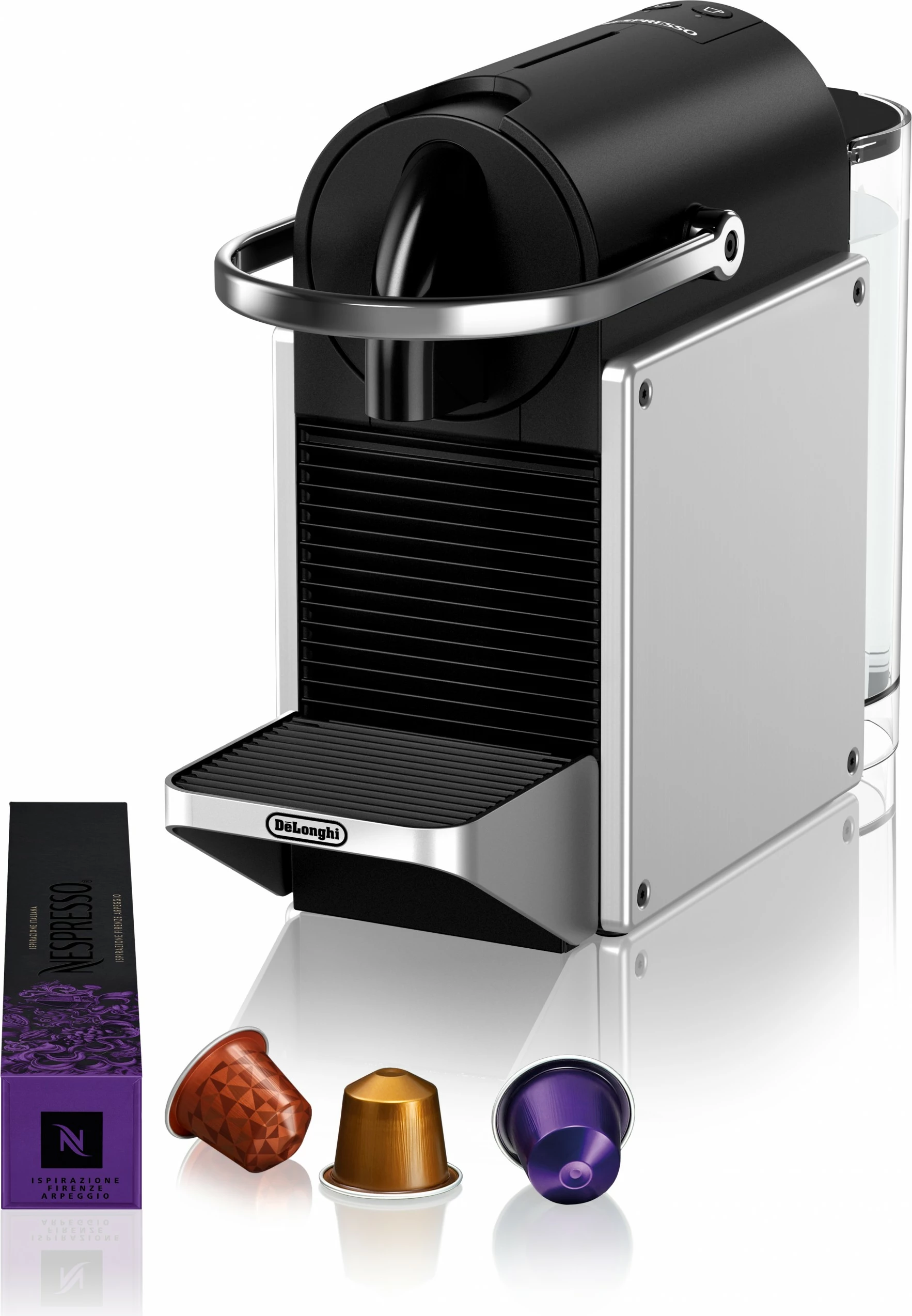 Aparat kafeje kapsulë DeLonghi Pixie EN127.S, 1 L, 1260 W, Ngjyrë e zezë, gri, argjendtë