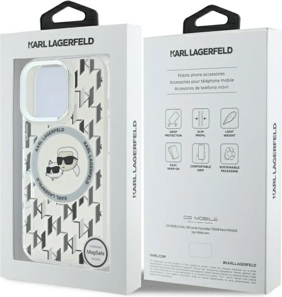 Mbështjellës Karl Lagerfeld IML Monogram Karl & Choupette Head MagSafe për iPhone 16 Pro, Transparent