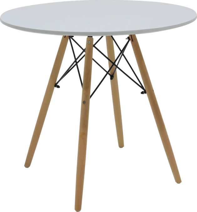 Tavolinë ngrënieje Julita, sipërfaqe MDF e bardhë, këmbë natyrale, D80x73cm