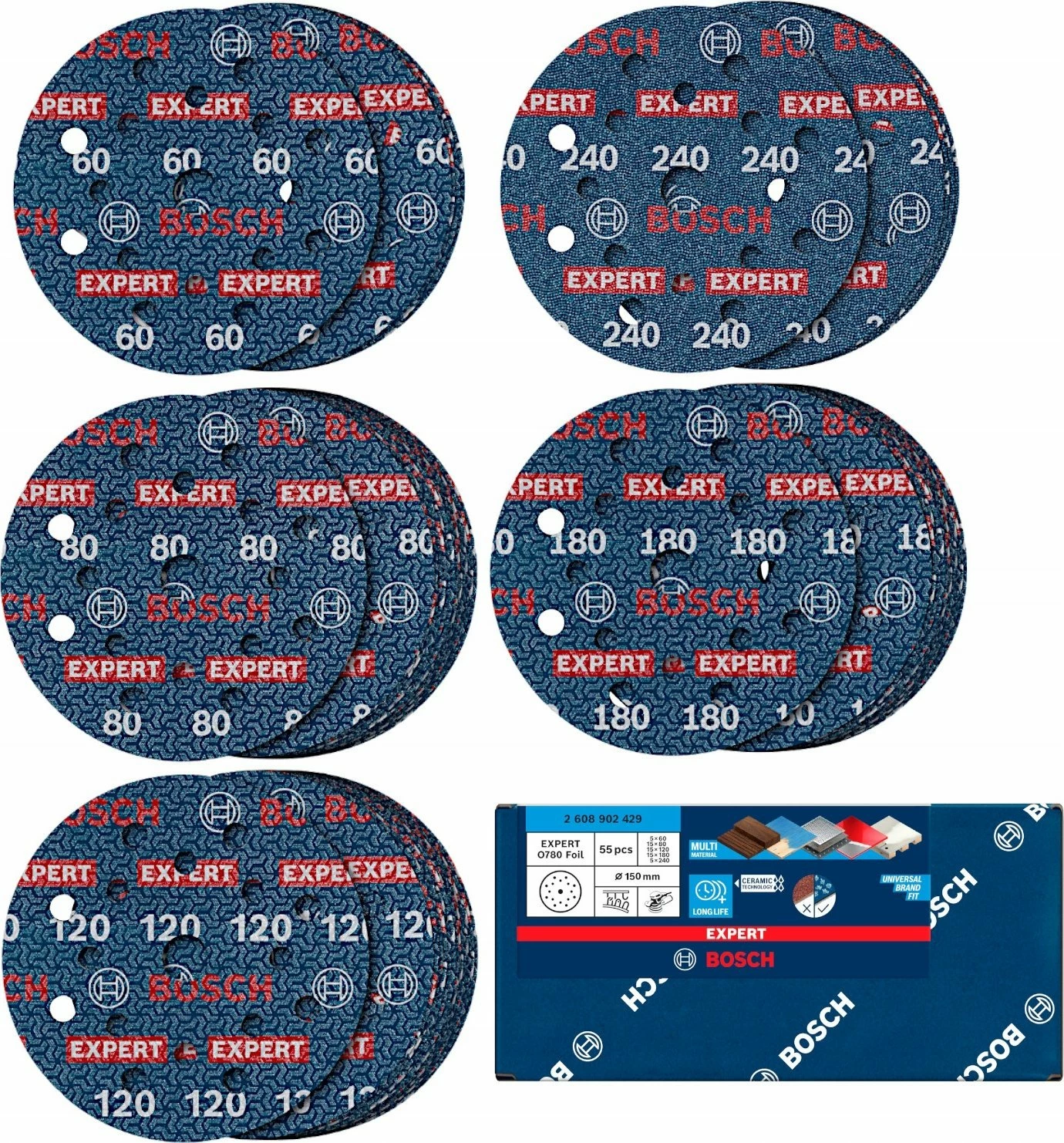 Disk zmerile Bosch EXPERT O780 150 mm, me rzep, set 55 copë (60/80/120/180/240)