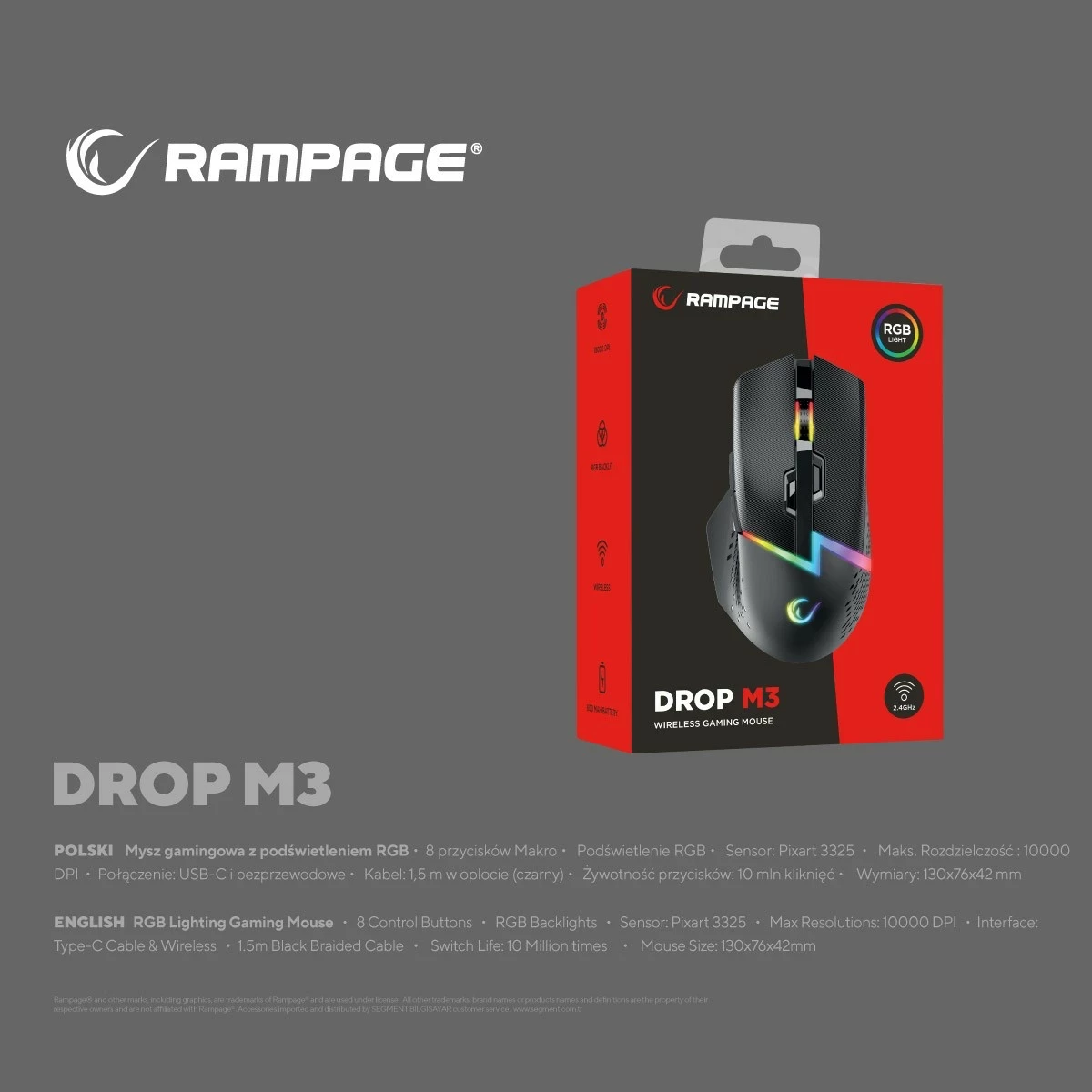 Maus Rampage DROP M3 RGB 1000Hz, i zi