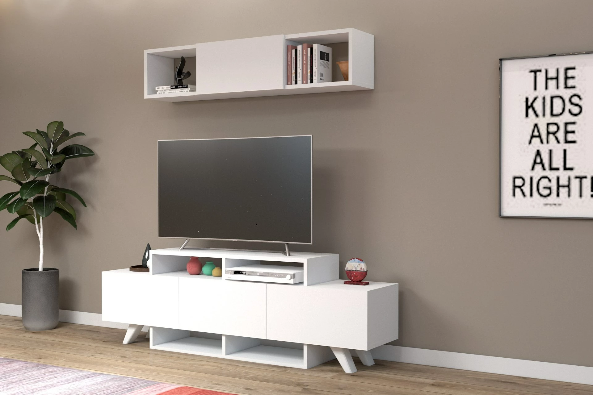 Set komodë TV me raft, ngjyrë e bardhë, Alwin Unit