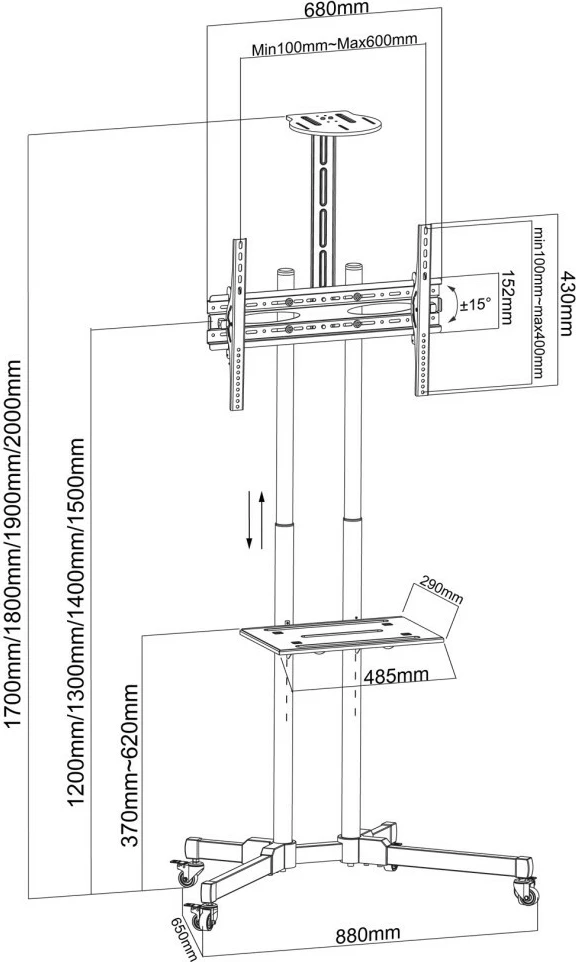 Qëndrim mobil për TV Techly 364477, për 37-70 inç, 2 rafte, i zi