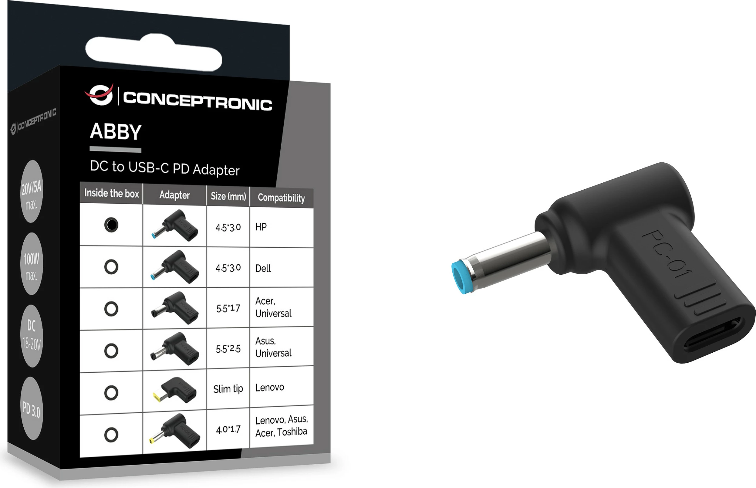 Adapter Conceptronic USB-C PD100W në HP 4.5x3.0mm, 18-20V, i zi
