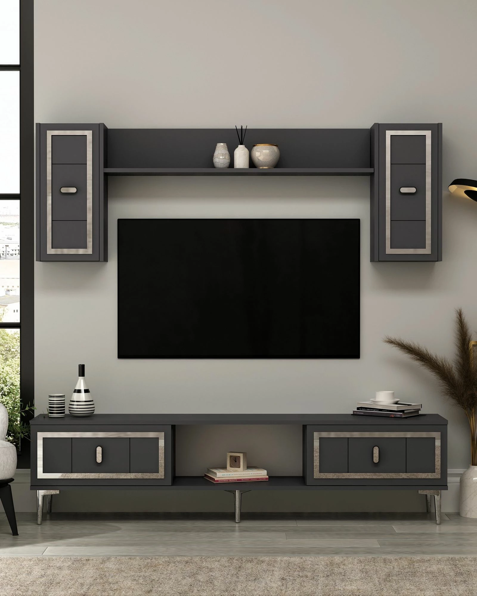 Komodë TV Skye Decor, orion, antracit, argjend
