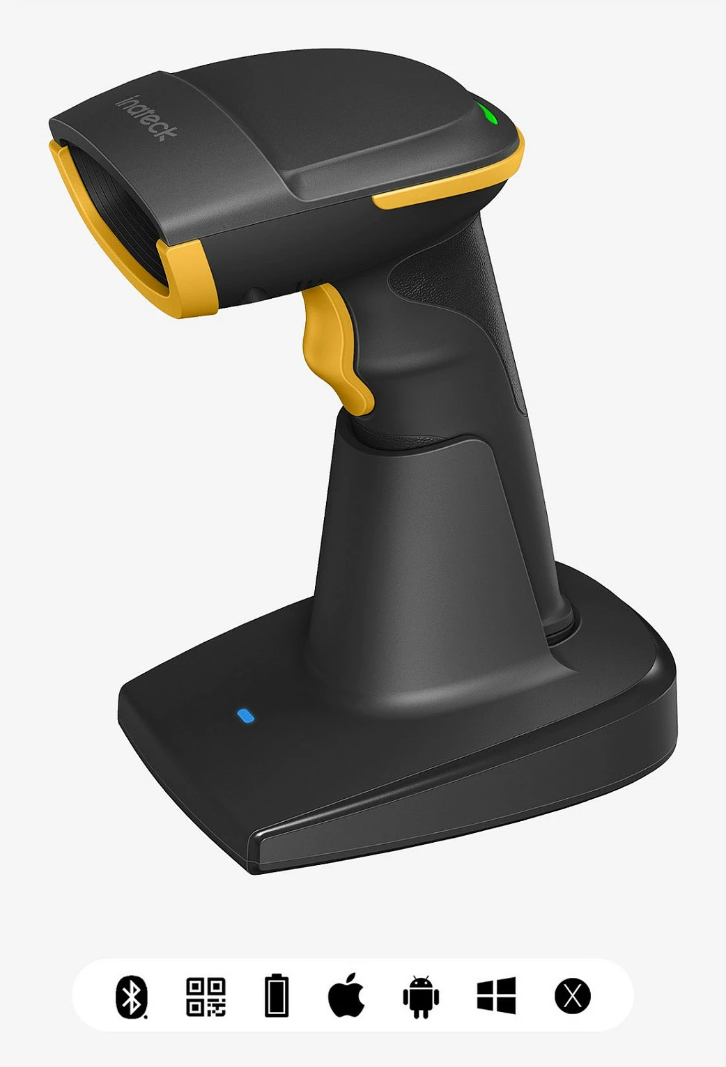 Skaner barkodi Inateck BCST-54, 1D/2D, Bluetooth/USB, bazë karikimi, i zi/verdhe