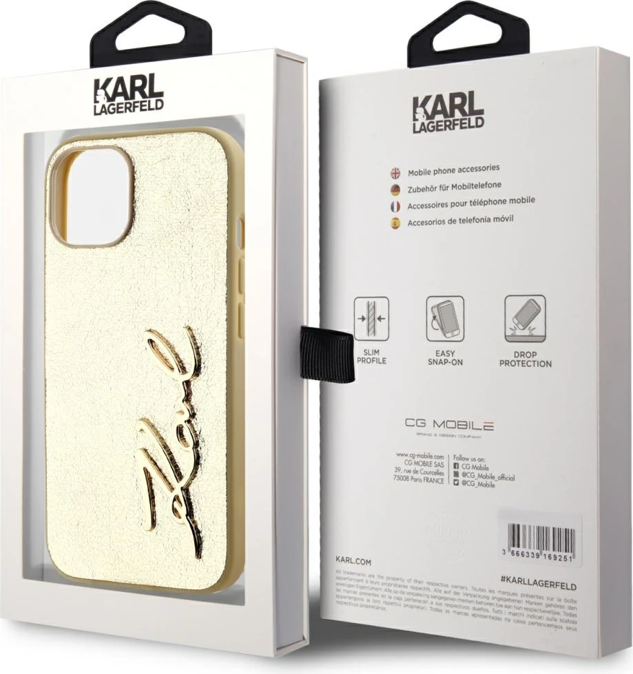 Mbështjellës Karl Lagerfeld Wrinkled Metal Signature për iPhone 15, Gold