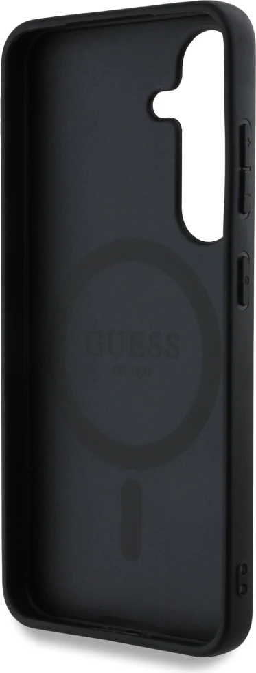 Mbështjellës Guess Leather 4G Flowers Print Metal Classic Logo MagSafe për Samsung Galaxy S25, Zi