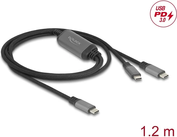Kabllo karikimi DeLOCK 81271, USB-C në 2x USB-C, 1.2 m, PD 100W, 5A, zi/gri