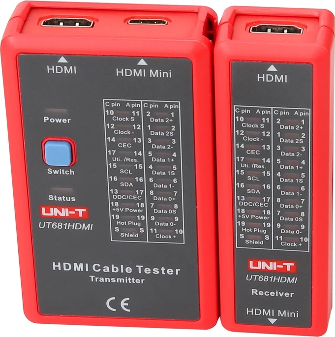 Tester kabllosh HDMI, UNI-T UT681HDMI, LED 19-pins, 3 modalitete testimi (fast/scan/full), mbështetje Mini HDMI, bateri 9V, kuq-gri, set transmetues + marrës