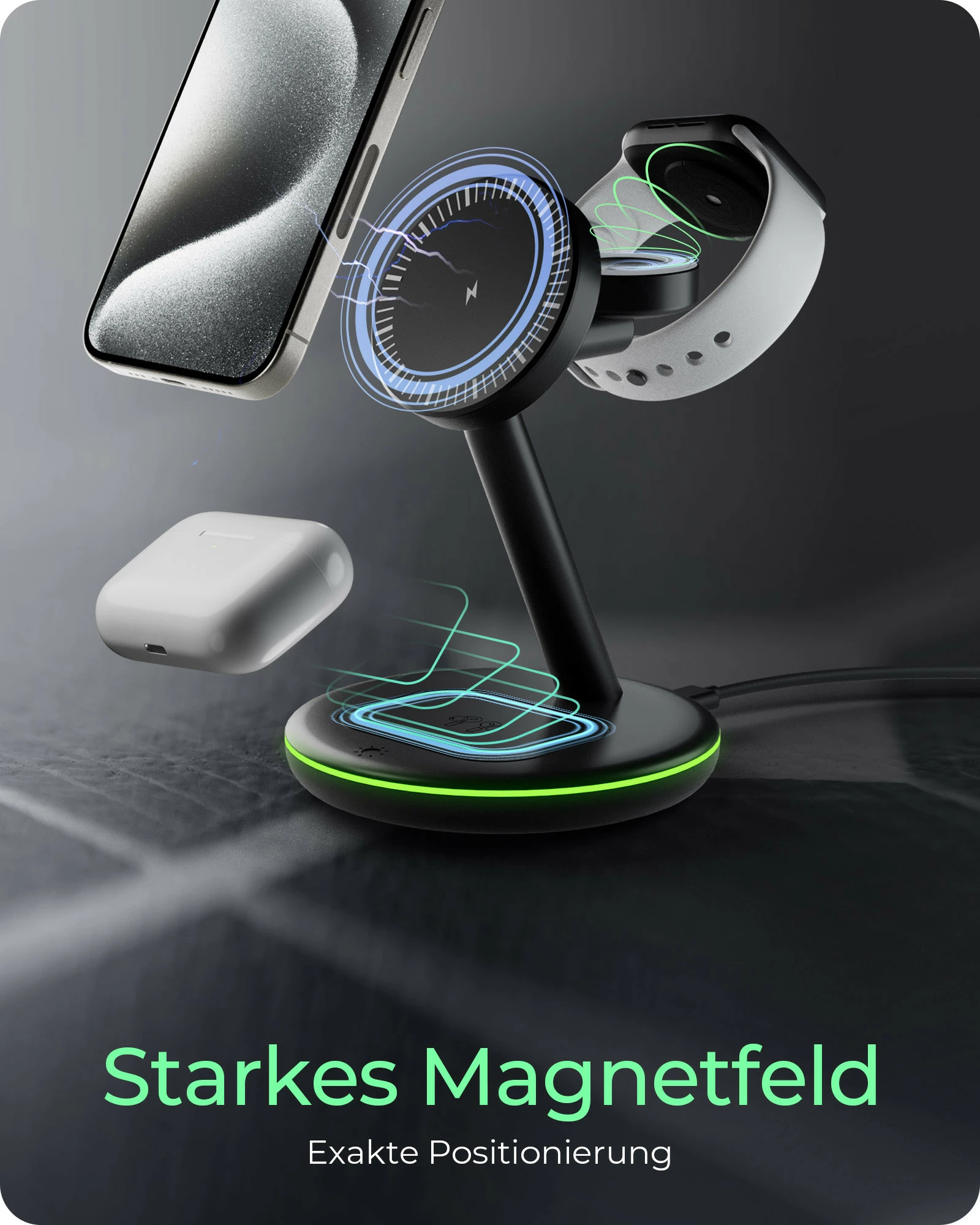 Stacion karikimi magnetik ICY BOX 3-në-1, MagSafe, USB-C/PD, iPhone/Apple Watch/AirPods, i zi