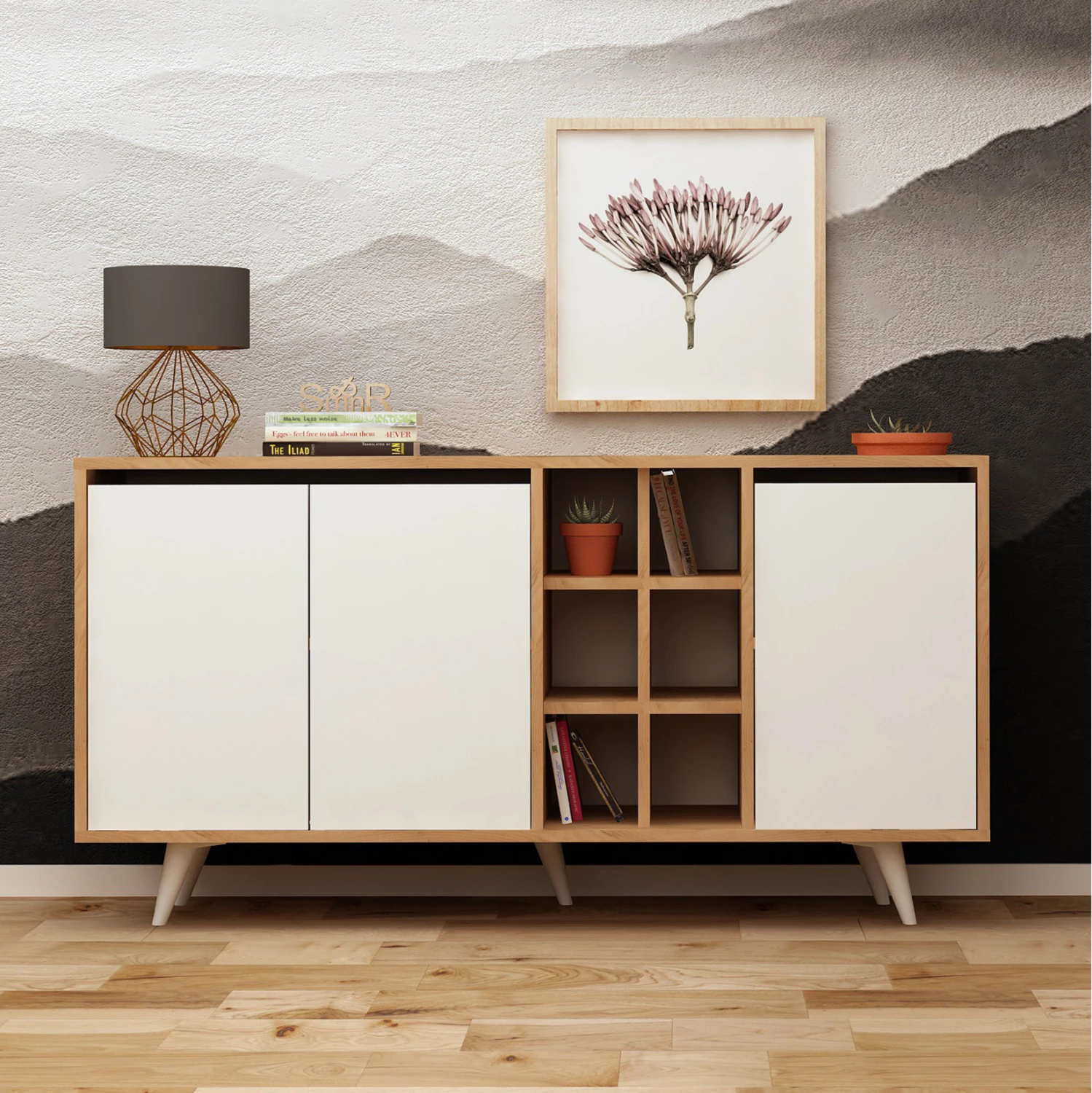 Bufe melamine, ngjyrë arre dhe e bardhë, 140x40x86H cm, FH9432.02