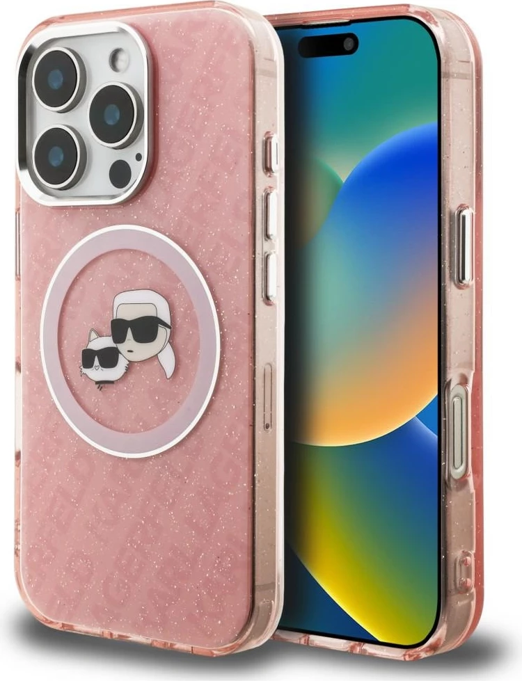 Mbështjellës Karl Lagerfeld IML Glitter Karl & Choupette Heads Logo MagSafe për iPhone 16 Pro, pink