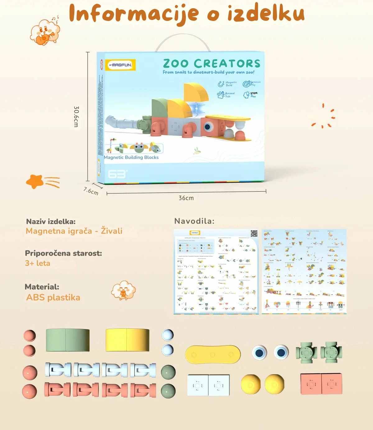 blloqe magnetike ndërtimi Magfun Zoo Creators, set 32 copë, figura kafshësh 3D, 3+ vjeç, shumëngjyrëshe