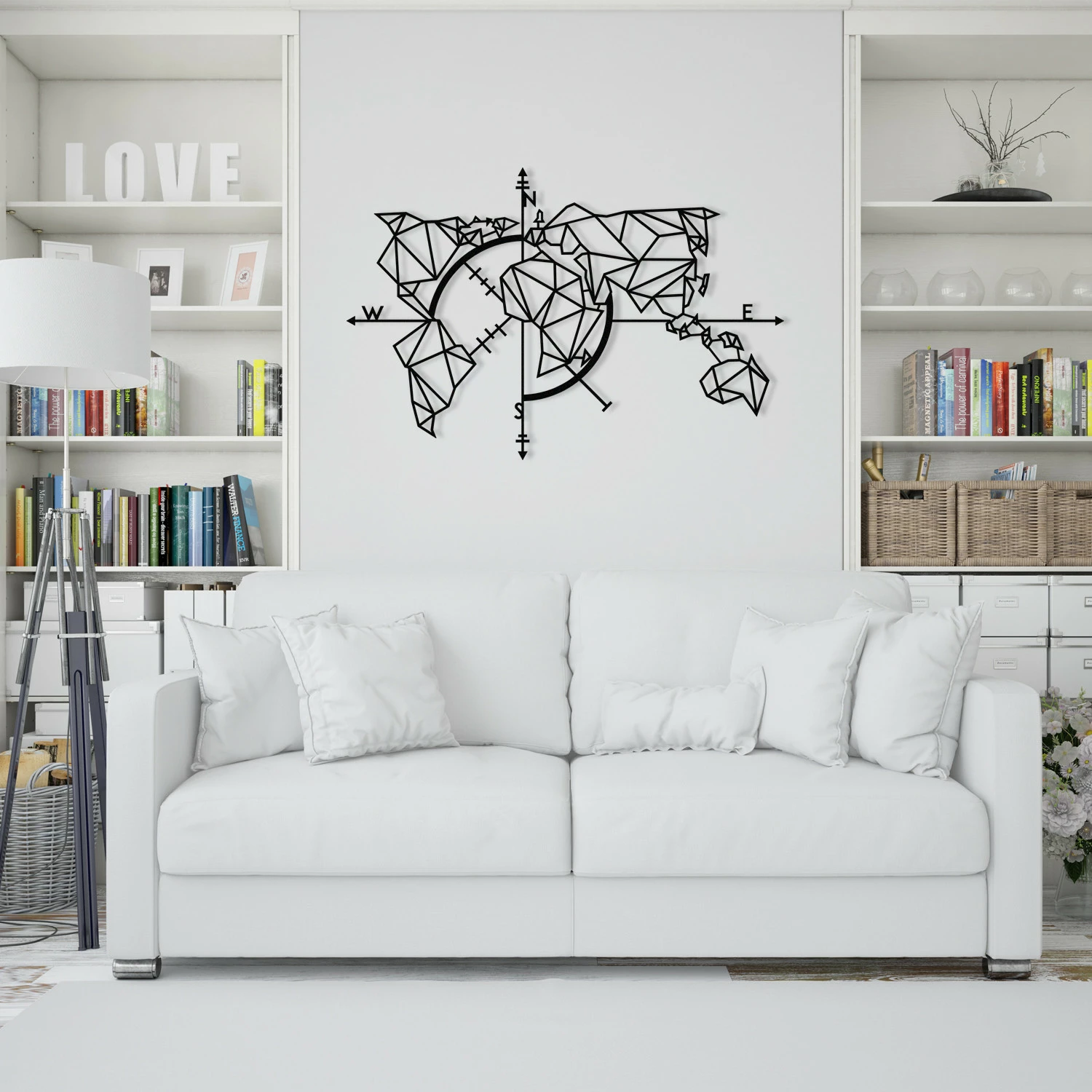 Aksesor dekorativ metalik për mur, hartë bote, Wallity, ngjyrë e zezë, 111x74cm