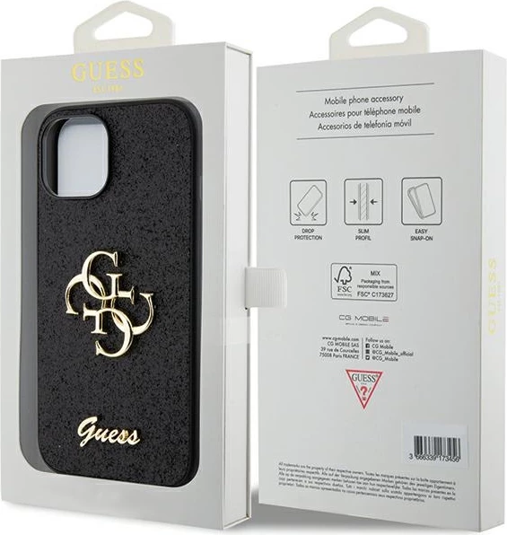 Mbështjellës Guess Glitter Script Big 4G për iPhone 15, i zi