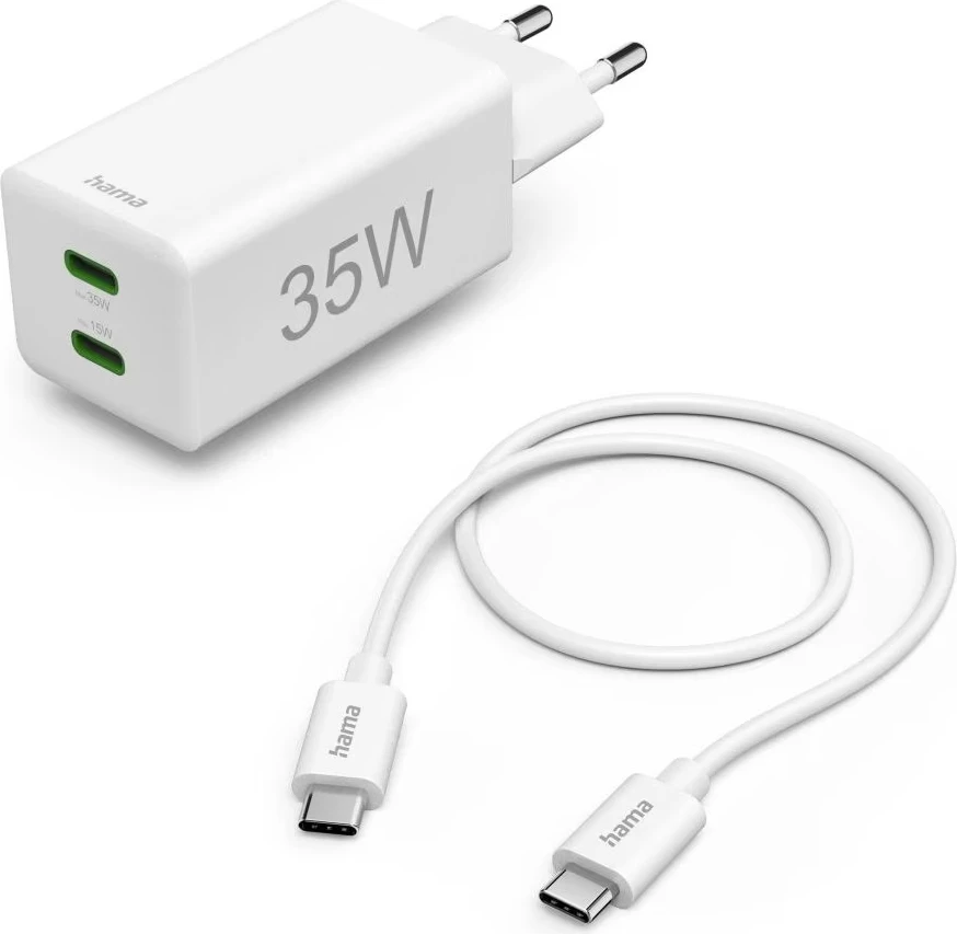 Karikues Hama Fast Charge + Kabllo 1m, 2x USB-C, 35W, i bardhë
