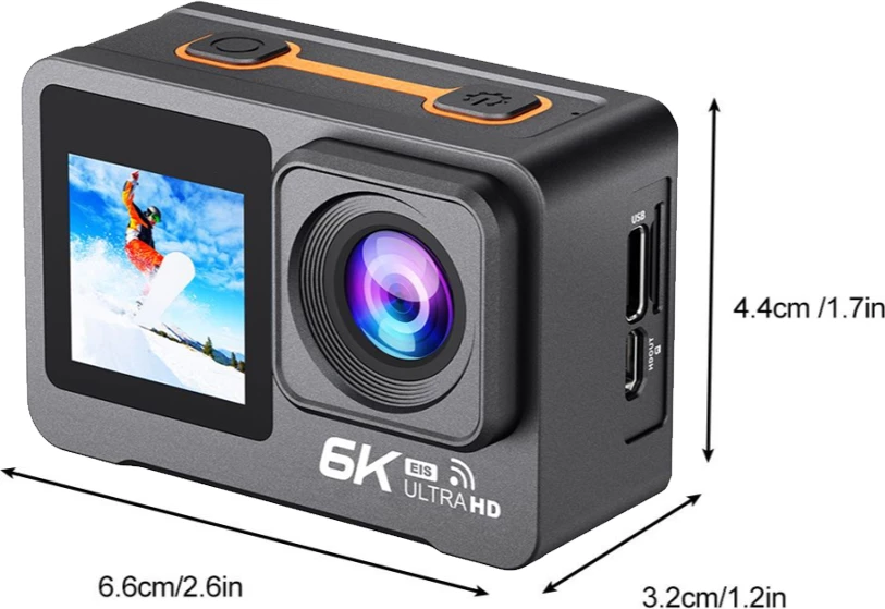 Kamerë aksioni Moye Venture 6K Duo 6K/50MP, dy ekran IPS 2.0\"+1.3\", EIS, Wi‑Fi, e zezë