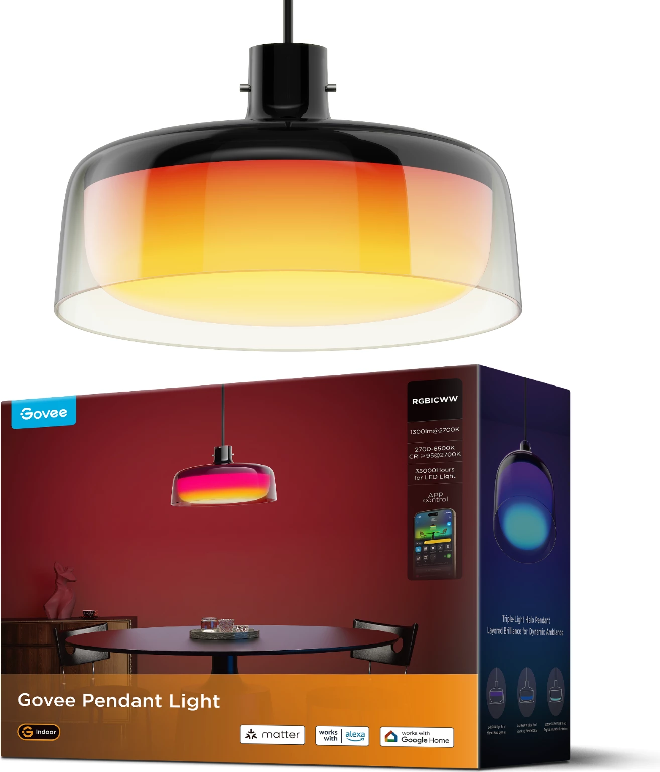 Llambë varëse smart Govee RGBICWW, RGBIC 360°, 2700-6500K, CRI95, e zezë