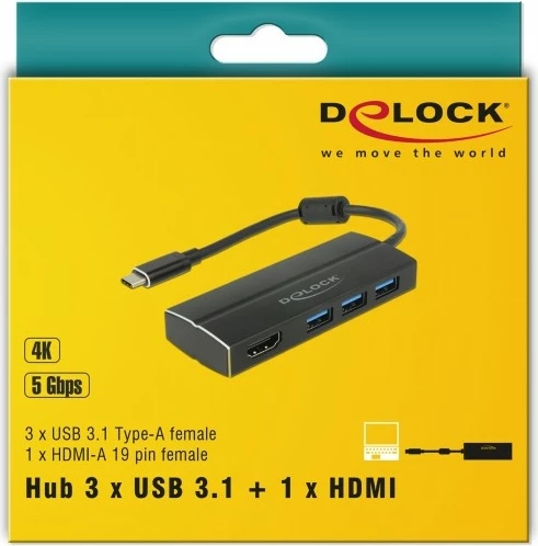 Adapter USB hub DeLOCK 63931, 3x USB 3.2, 1x HDMI, 0.15m, alumini, i zi