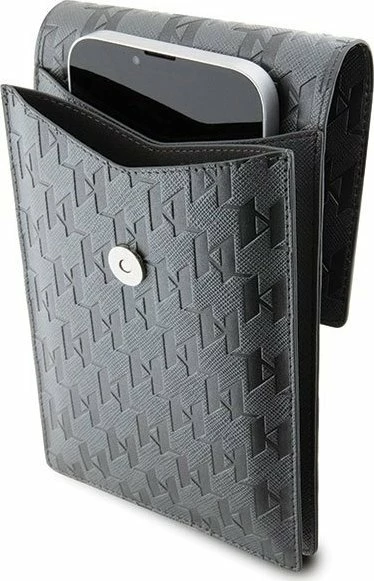 Çantë telefoni Karl Lagerfeld KLWBSAMSMG universal Saffiano Monogram Plaque 18.5x11.5x2 cm, argjend