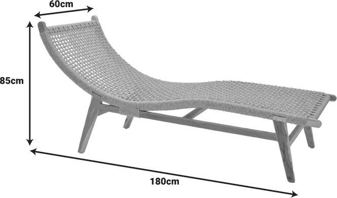 Shezlong Rebelise, ngjyrë natyrale, dru teak dhe litar pe, 60x180x85cm