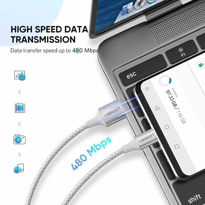 Kabllo USB-A në USB-C UGREEN 60129 0.25m, e bardhë, polybag