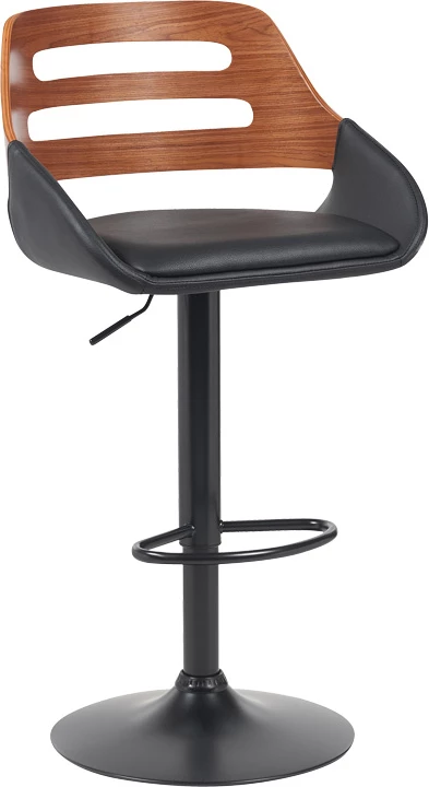 Karrige për bar Fern, lëkurë PU e zezë, dru arre, metal i zi, 50x48.5x89-110.5cm