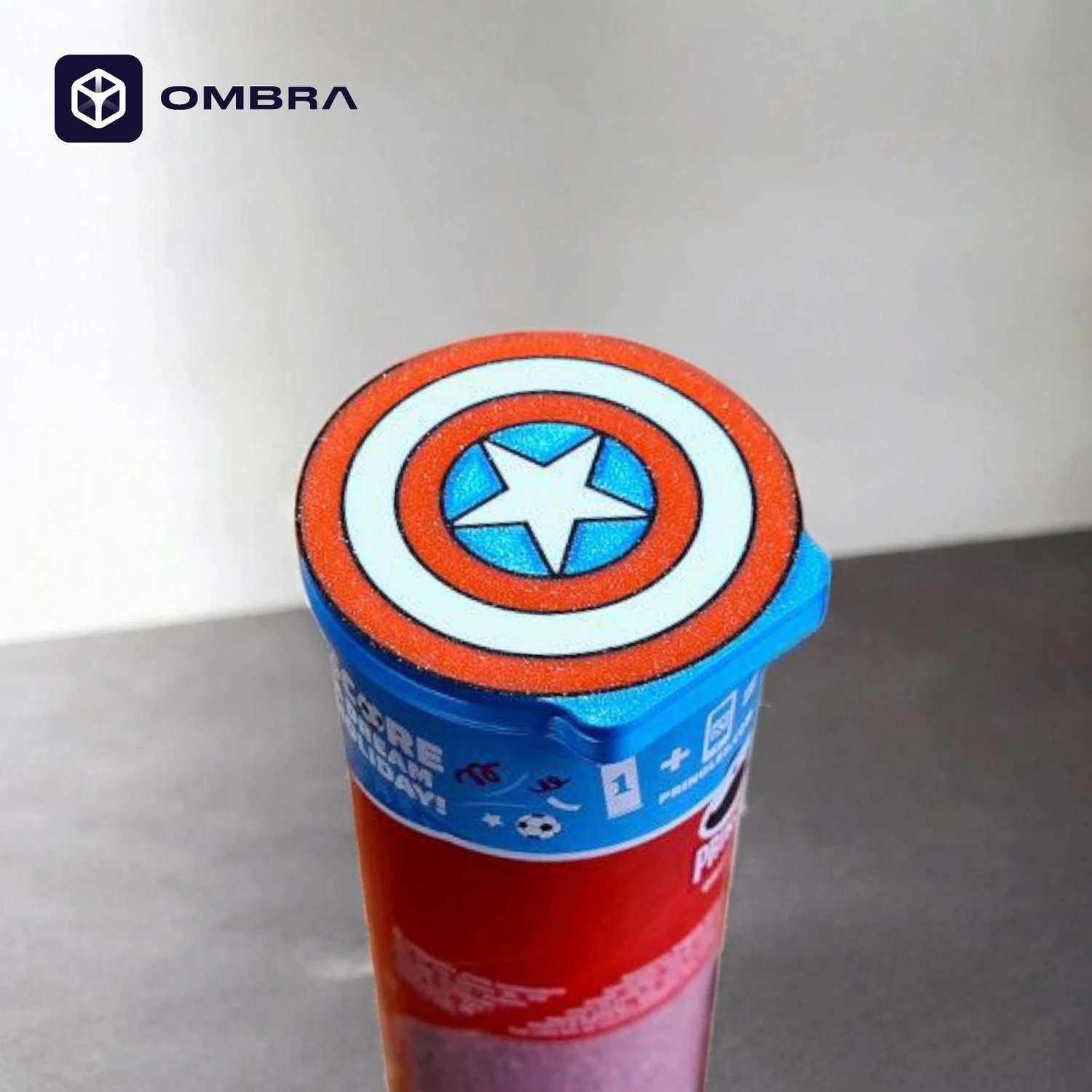 Mbajtëse për snacks (Pringles) në mënyrë kreative, dizajni "Captain America", e zezë