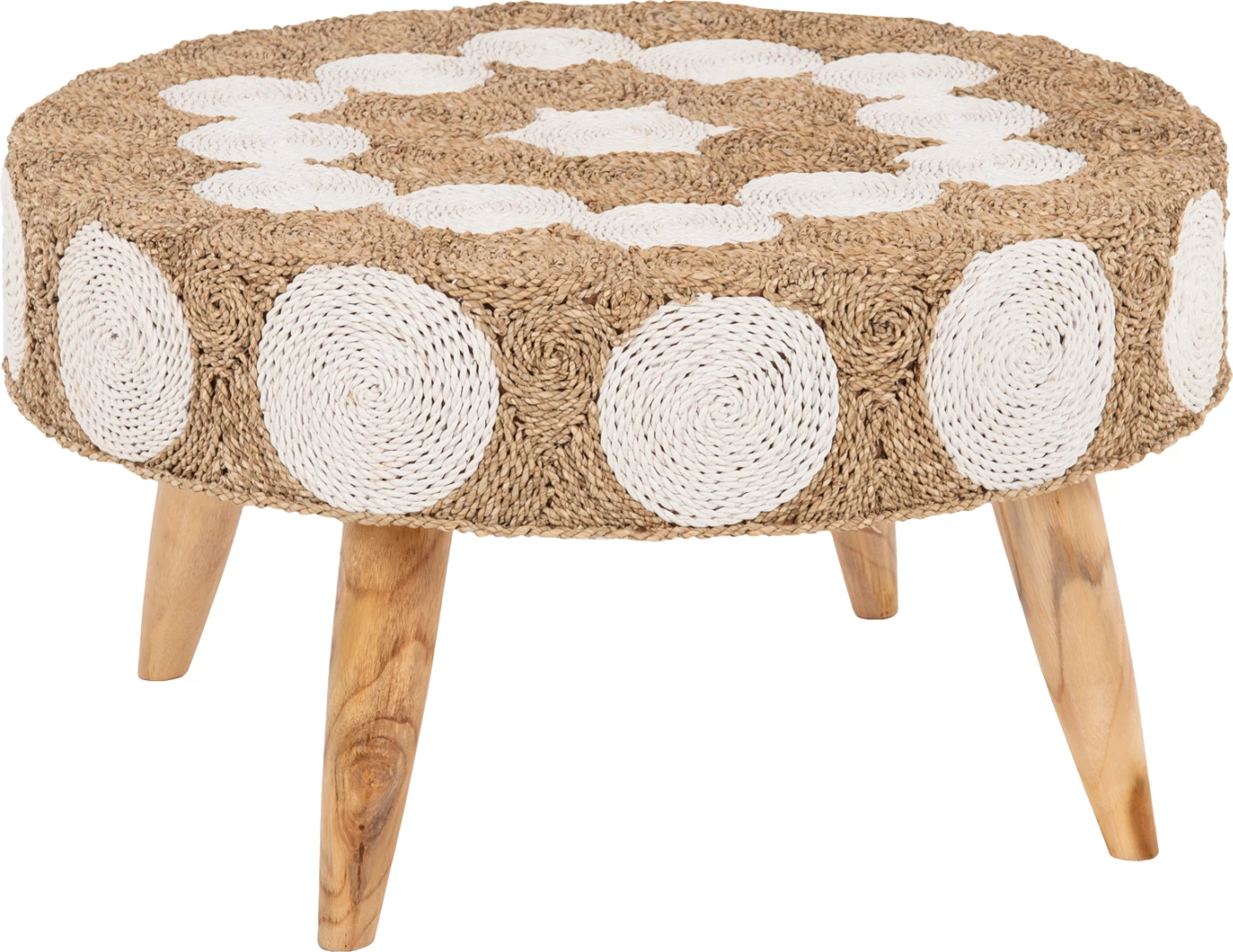 Tavolinë kafeje e rrumbullakët, dru tik dhe seagrass, ngjyrë natyrale & e bardhë, FH7825, 81x45cm